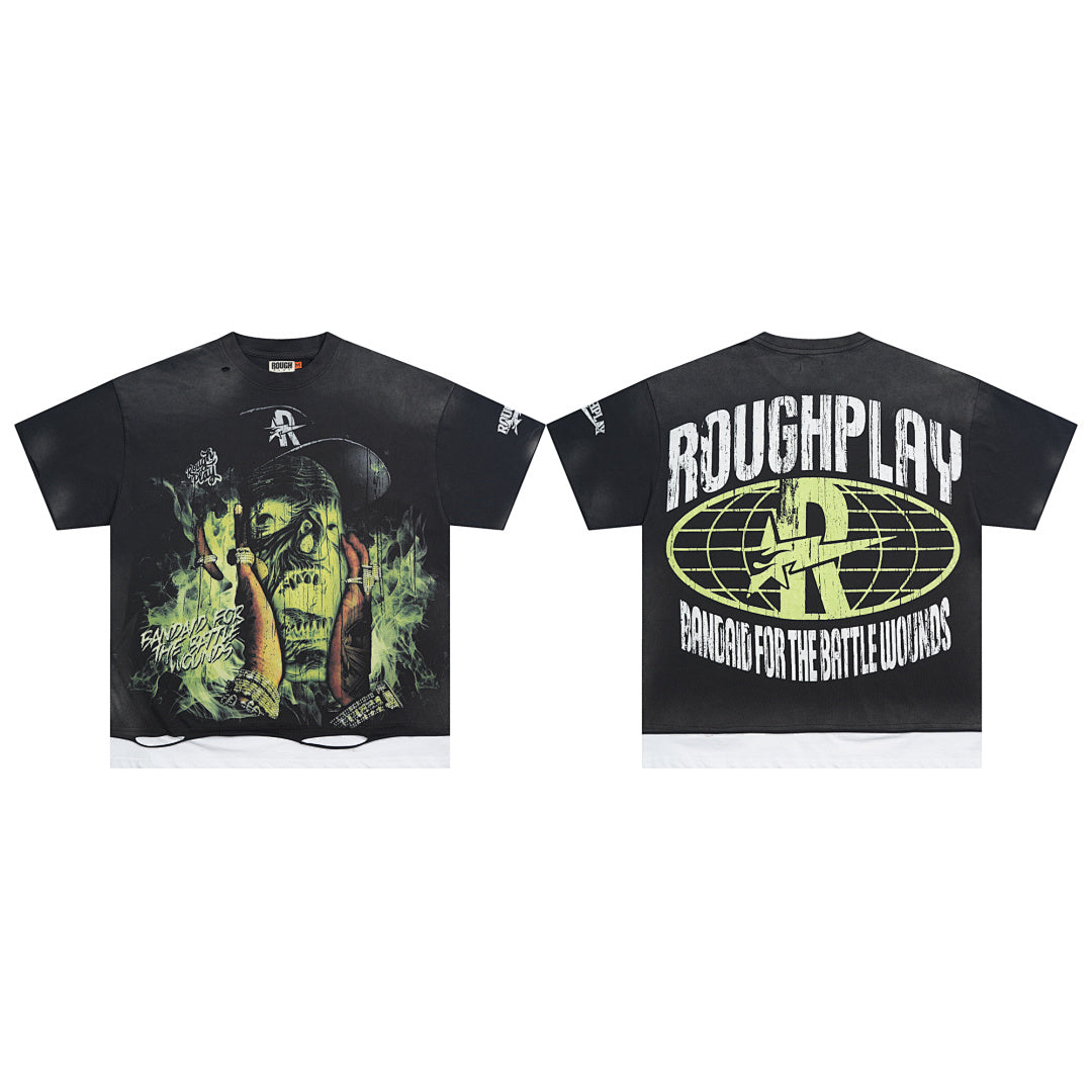 Vintage Washed Black Green Monster Globe Graphic Oversized T‑Shirt
