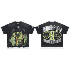 Vintage Washed Black Green Monster Globe Graphic Oversized T‑Shirt