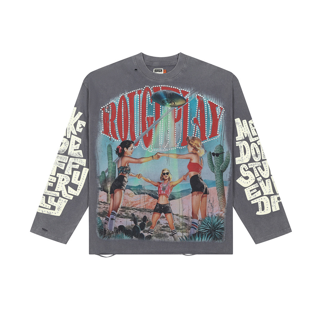 Roughplay Vintage Retro Poster Graphic Long Sleeve Tee Men Oversized Streetwear Top