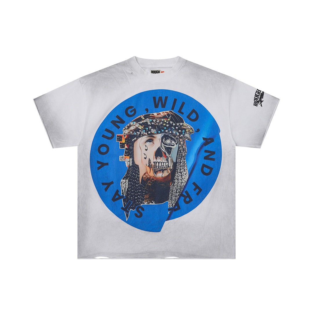 Roughplay Vintage Washed Portrait Graphic Short Sleeve Tee Men Oversized Streetwear T‑Shirt