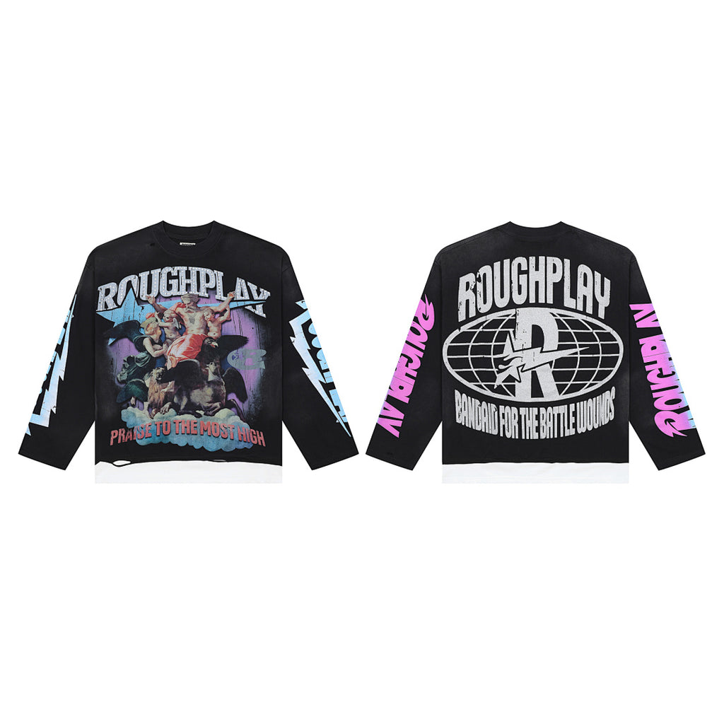 Roughplay Retro Warrior Art Graphic Long Sleeve Tee Men Oversized Streetwear Top