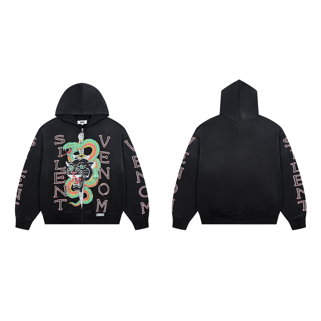Black Vintage Panther & Snake Graphic Oversized Zip‑Up Hoodie