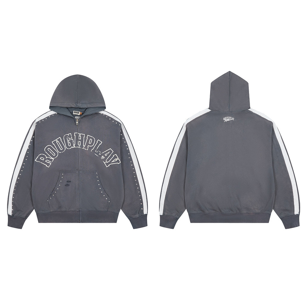Dark Grey Washed Side Stripe Gothic Letter DUAA Zip‑Up Hoodie
