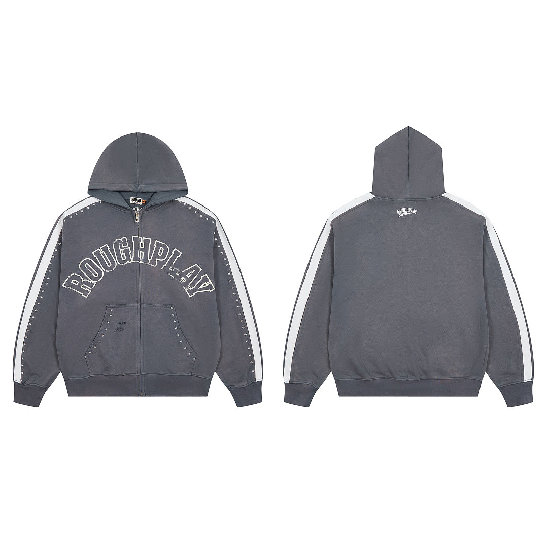 Dark Grey Washed Side Stripe Gothic Letter DUAA Zip‑Up Hoodie