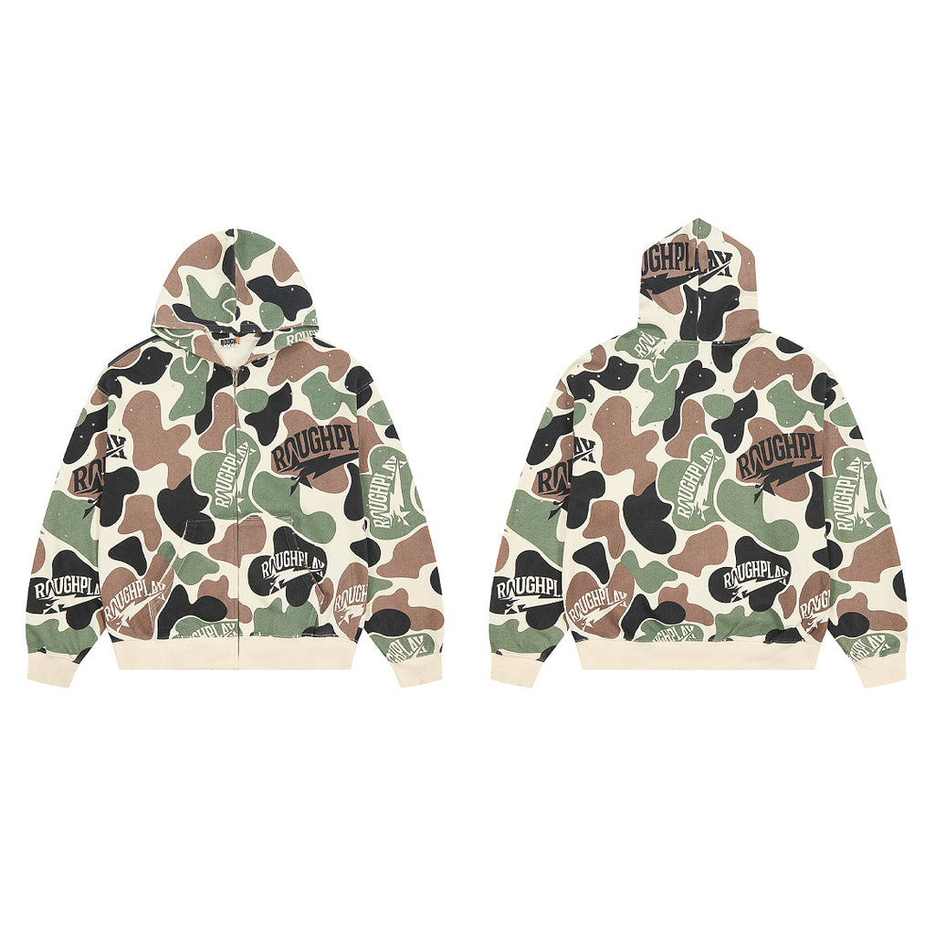 Classic Green Camo Full Zip‑Up Hoodie Oversized Streetwear Hooded Jacket