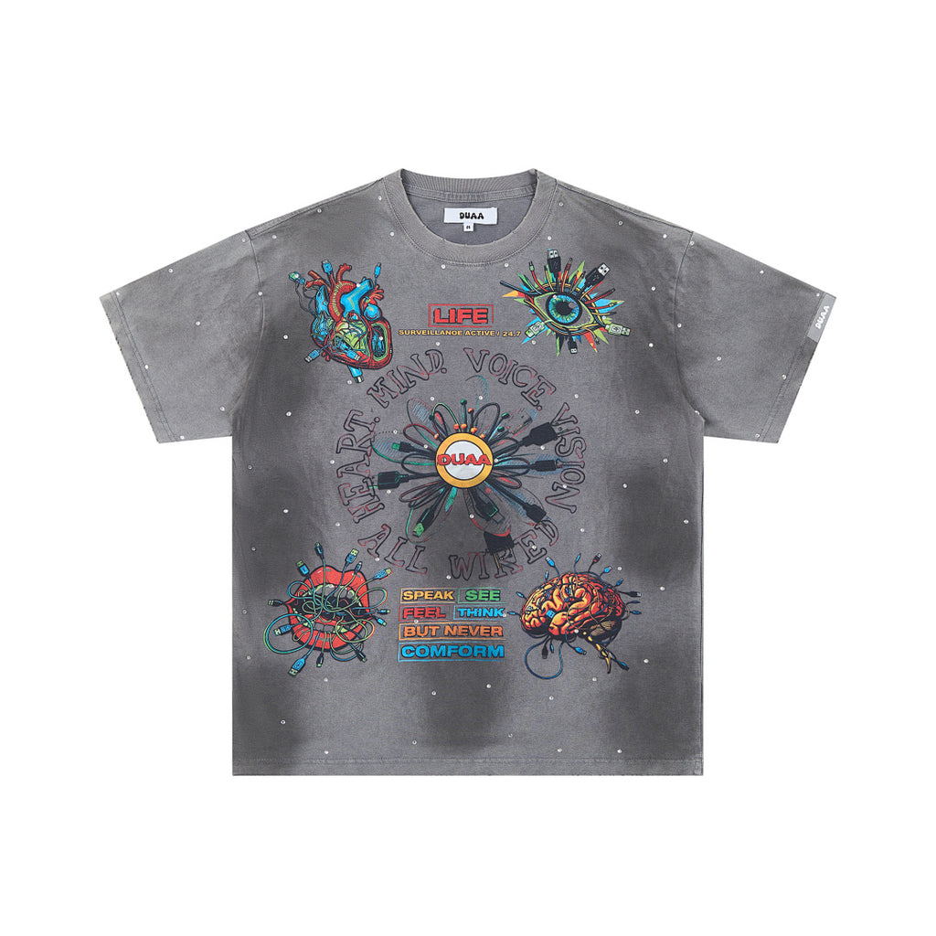 Washed Grey Psychedelic Abstract Art DUAA Graphic Oversized T‑Shirt