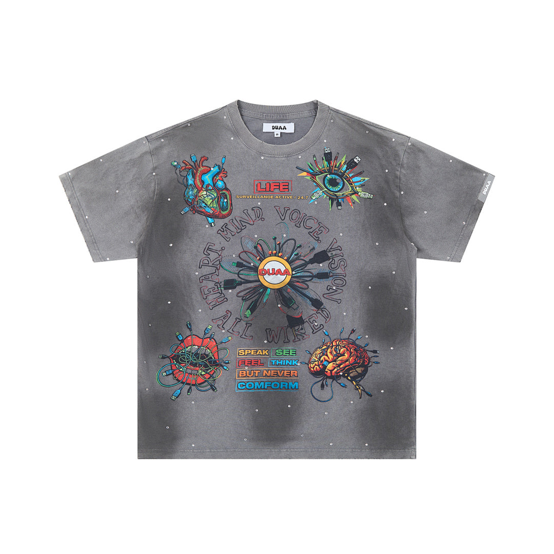 Washed Grey Psychedelic Abstract Art DUAA Graphic Oversized T‑Shirt