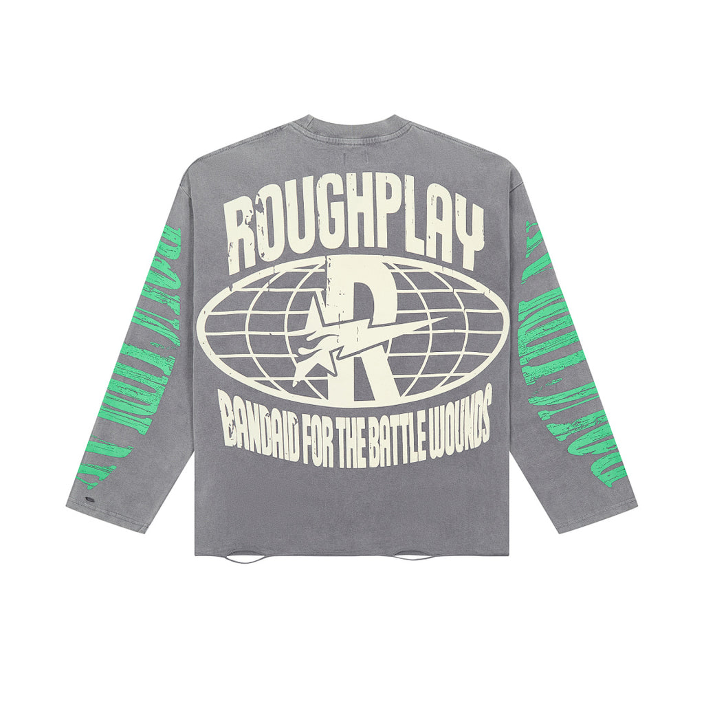 Roughplay Grey Flame Badge Graphic Long Sleeve Tee Men Oversized Streetwear Top