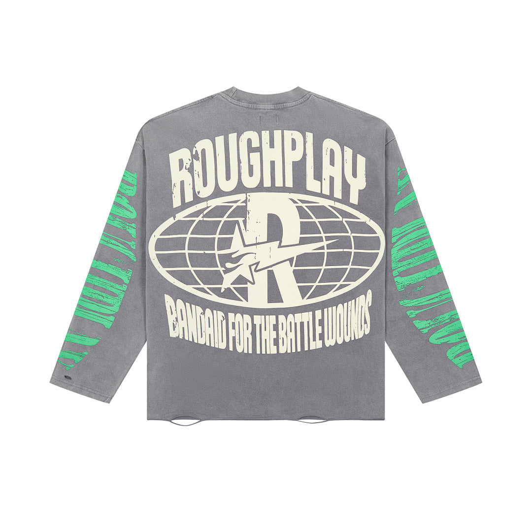 Roughplay Grey Flame Badge Graphic Long Sleeve Tee Men Oversized Streetwear Top