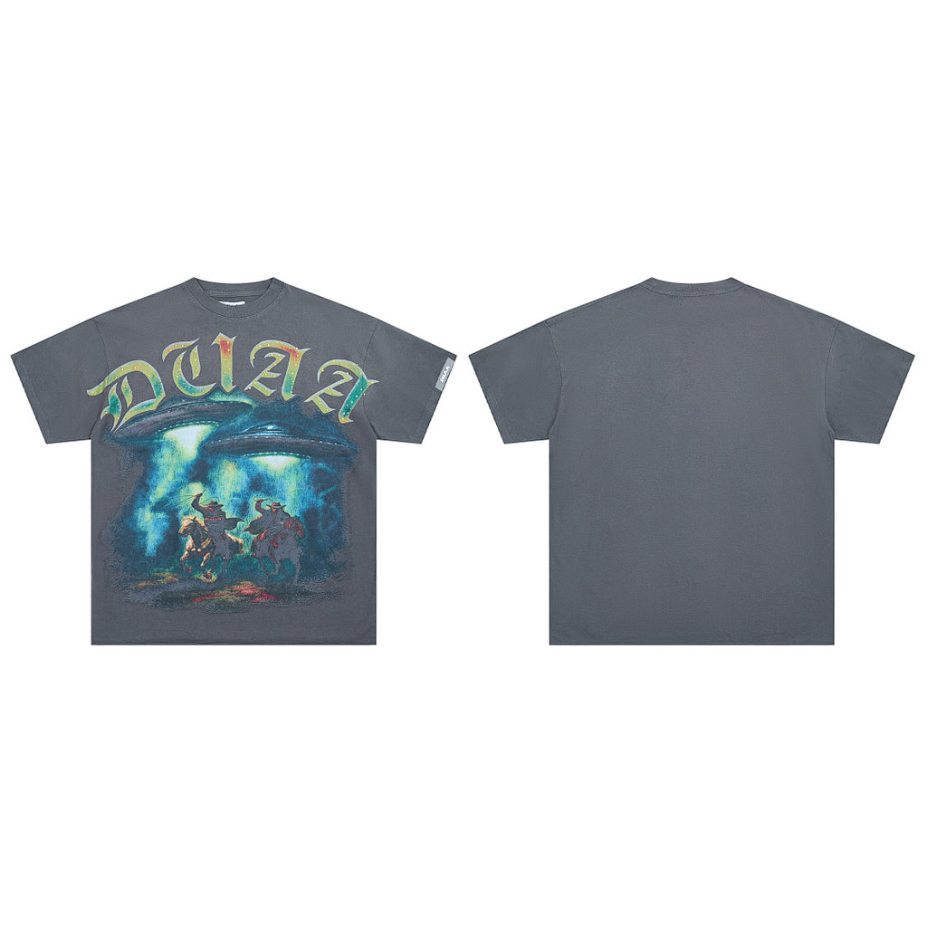 Washed Black Vintage Fantasy Dragon Graphic Oversized T‑Shirt