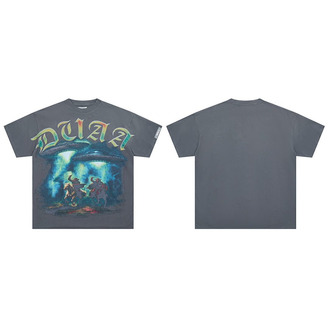 Washed Black Vintage Fantasy Dragon Graphic Oversized T‑Shirt