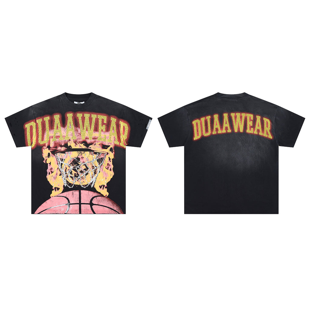 Black Vintage Basketball Hoop Graphic Oversized T‑Shirt