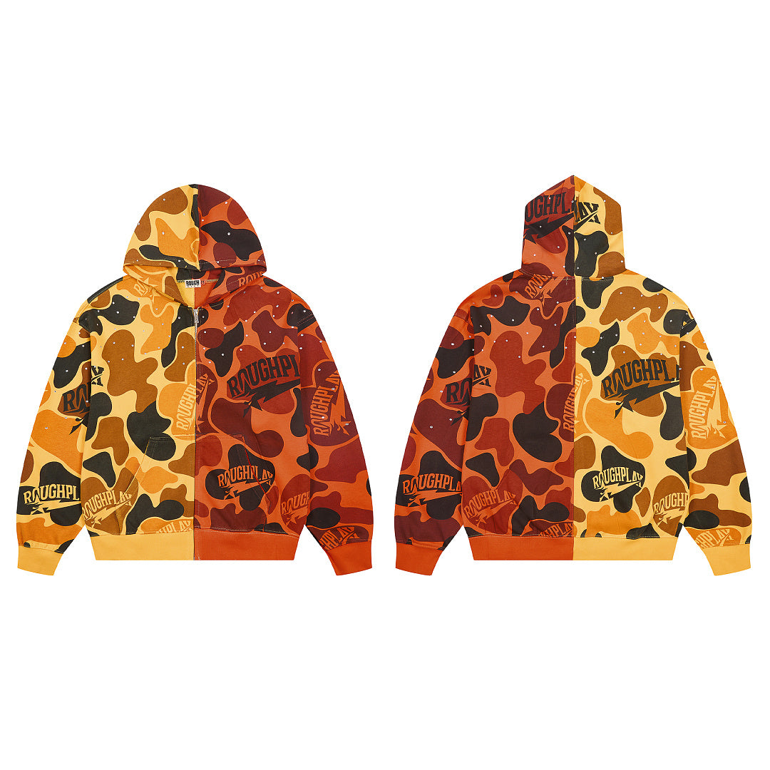 Color Block Camo Patchwork Zip‑Up Hoodie Streetwear Oversized Hooded Jacket