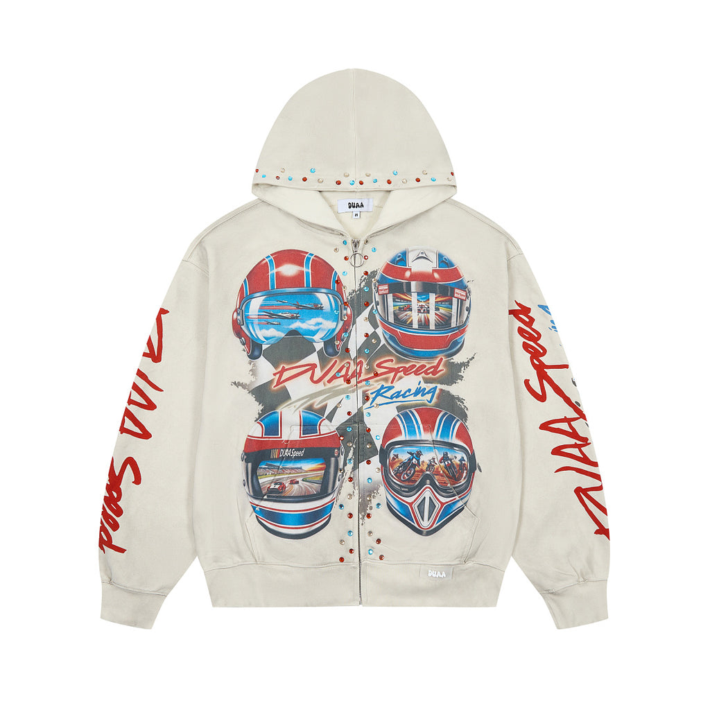 Off‑White Vintage Racing Helmet Graphic Oversized Zip‑Up Hoodie