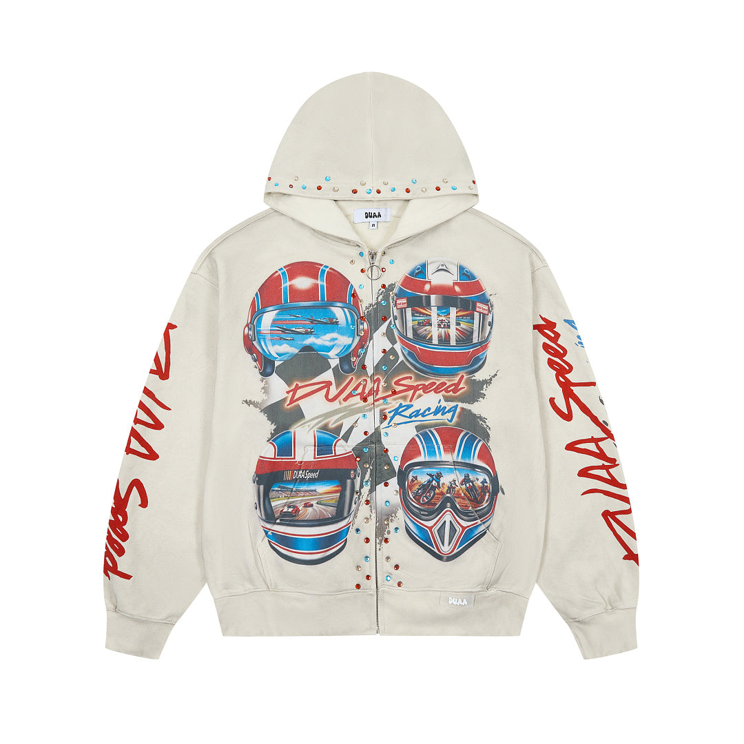 Off‑White Vintage Racing Helmet Graphic Oversized Zip‑Up Hoodie