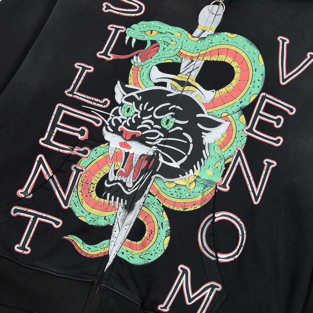 Black Vintage Panther & Snake Graphic Oversized Zip‑Up Hoodie