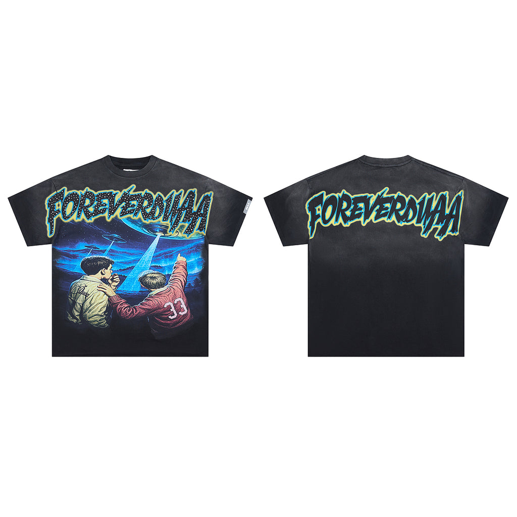 Black Vintage Night Scene Figure Graphic Oversized T‑Shirt