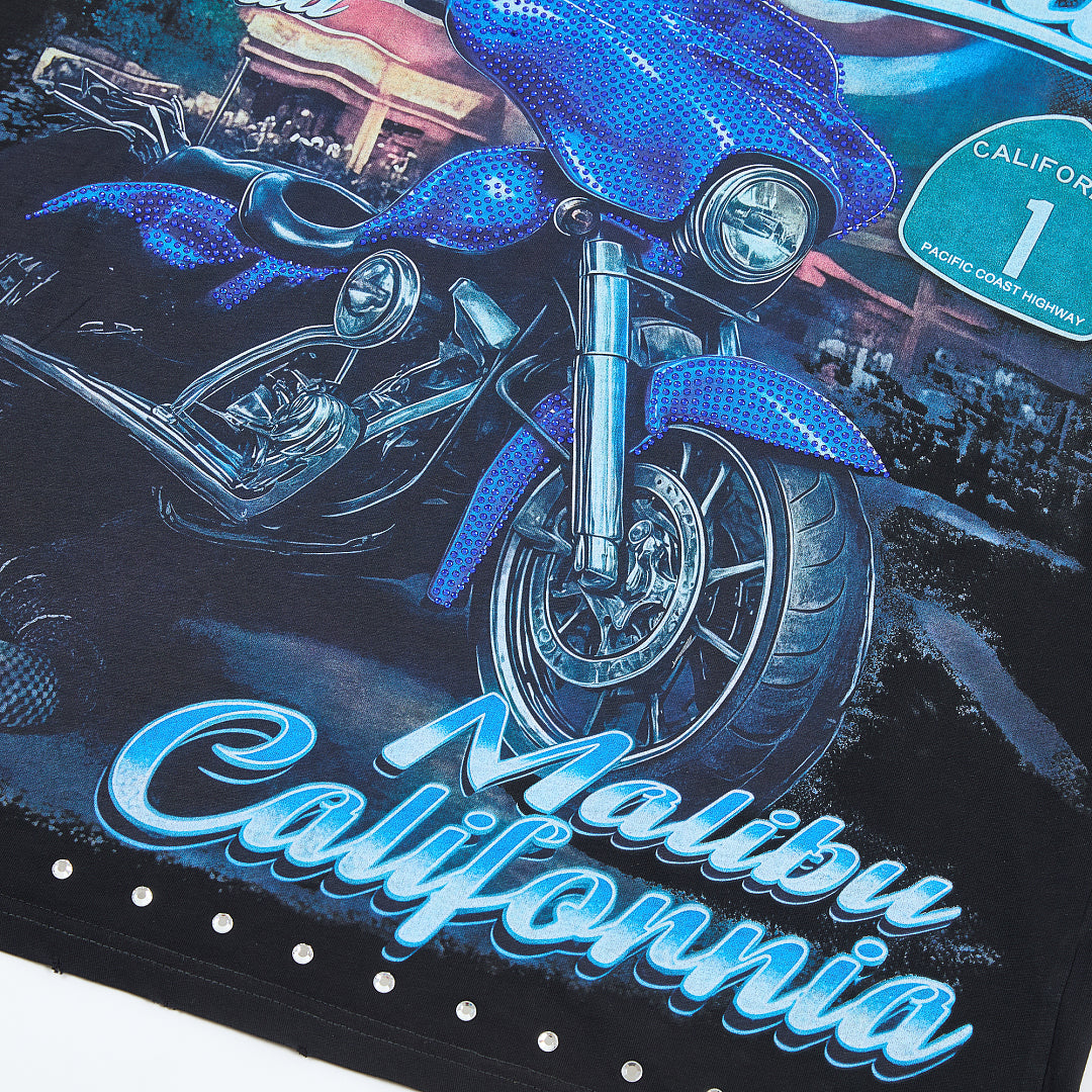 Black Vintage Malibu California Motorcycle Graphic Oversized T‑Shirt