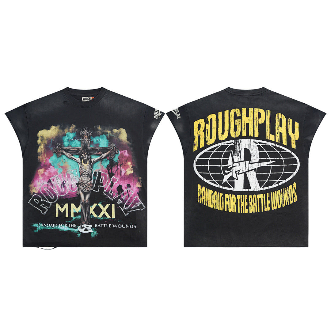 Vintage Washed Black Crucifix Globe Graphic Oversized T‑Shirt