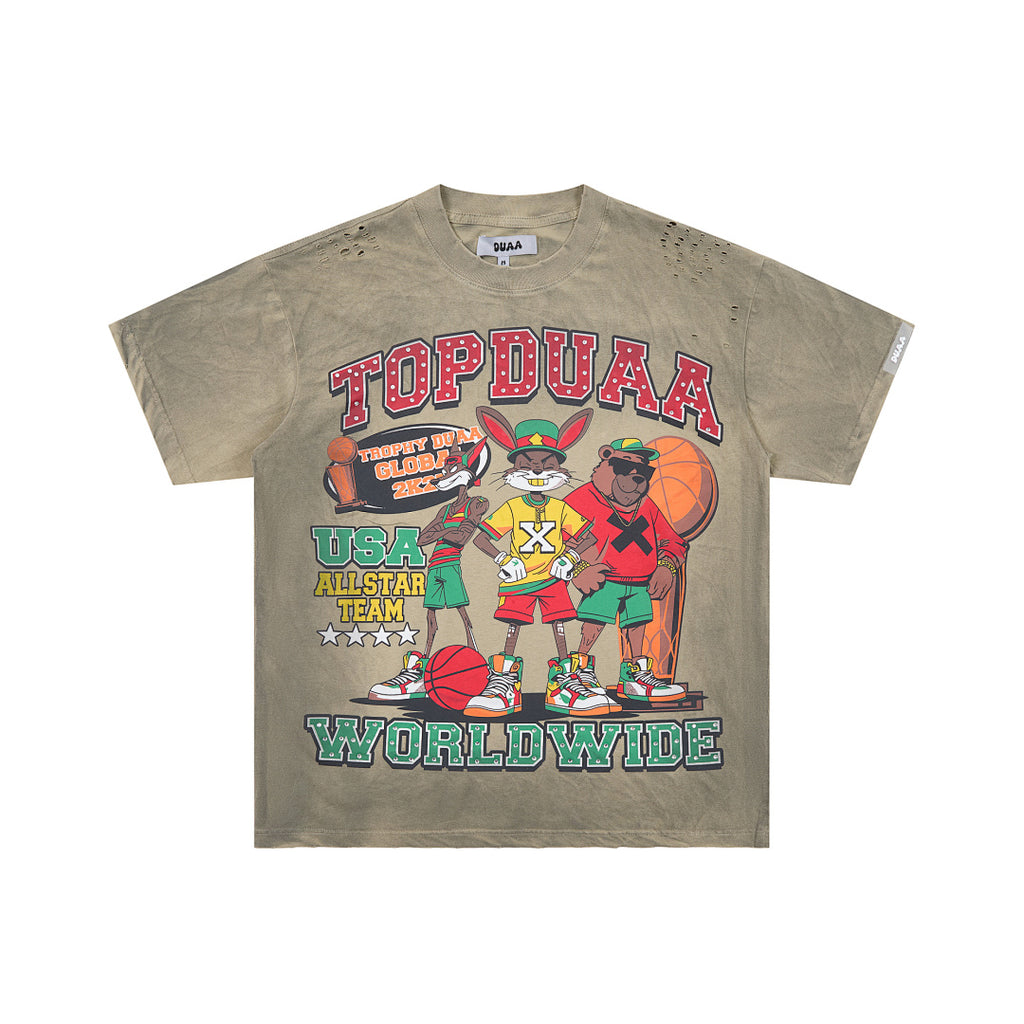 Olive Washed Cartoon Basketball DUAA Double‑Sided Graphic Oversized T‑Shirt