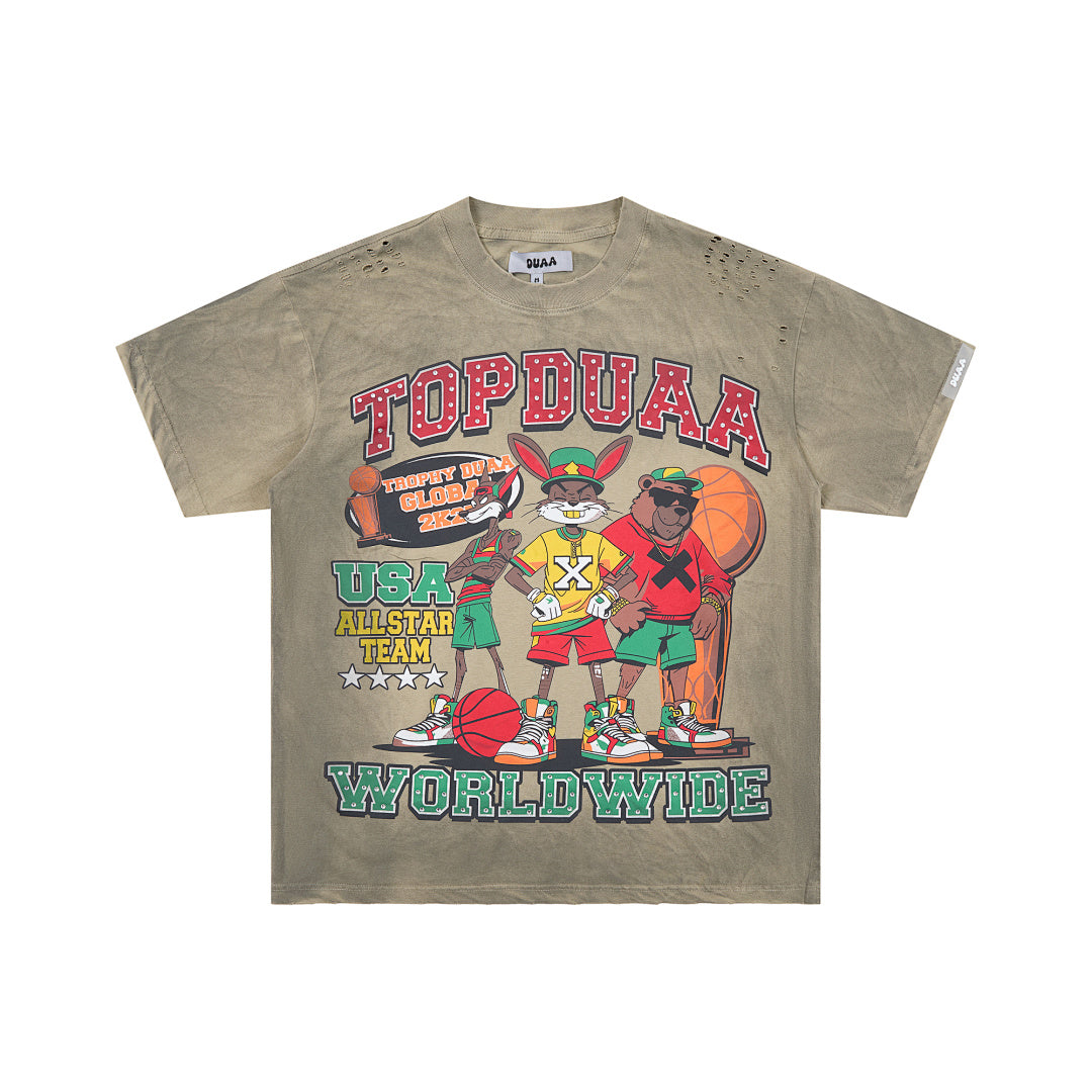 Olive Washed Cartoon Basketball DUAA Double‑Sided Graphic Oversized T‑Shirt