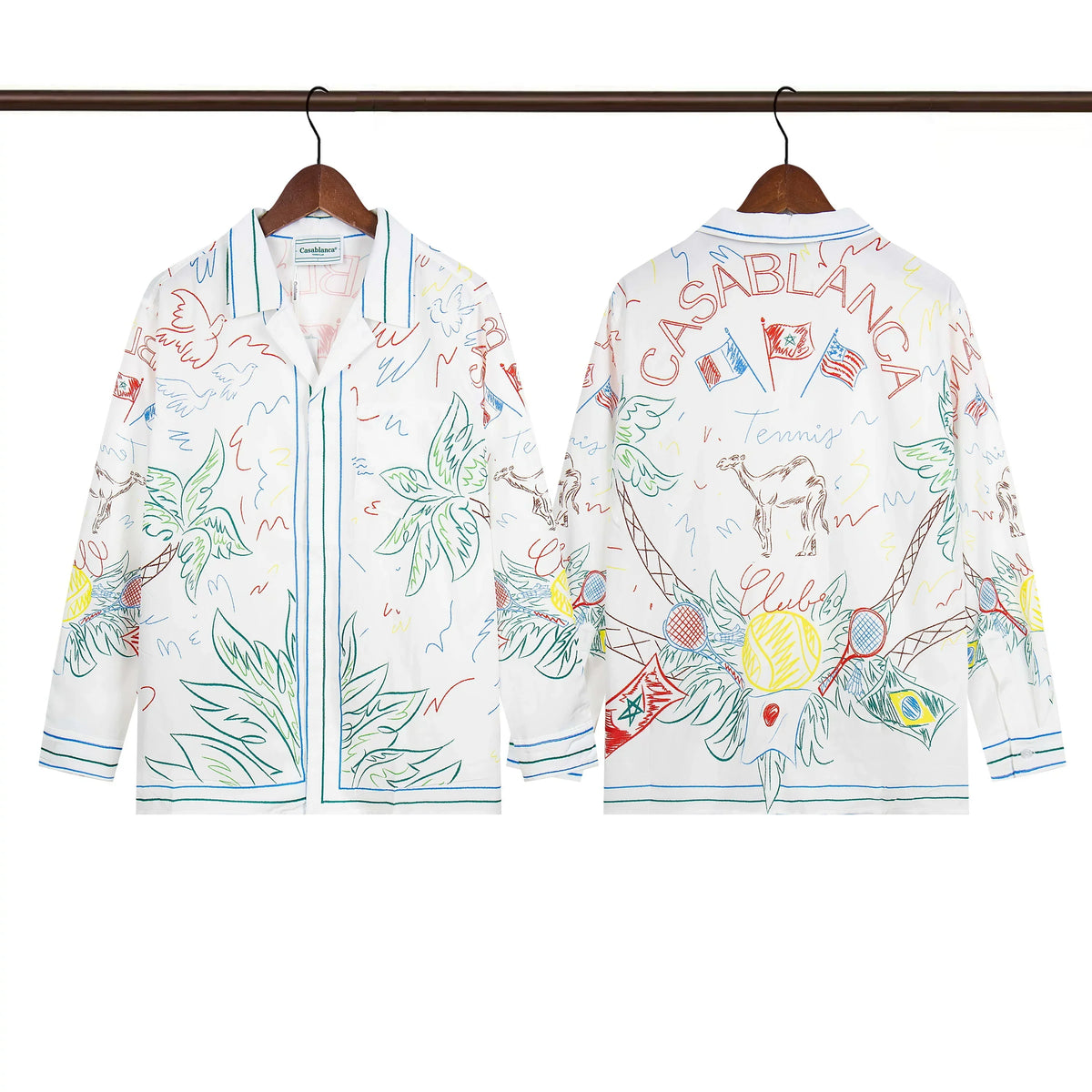 Casablanca Sketch Palm & Crest Silk-Style Shirt - White