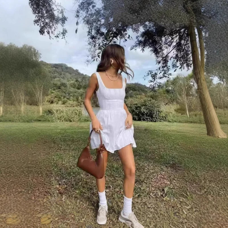 Princess Polly European spicy girl white retro texture waist cinching mini square neck dress