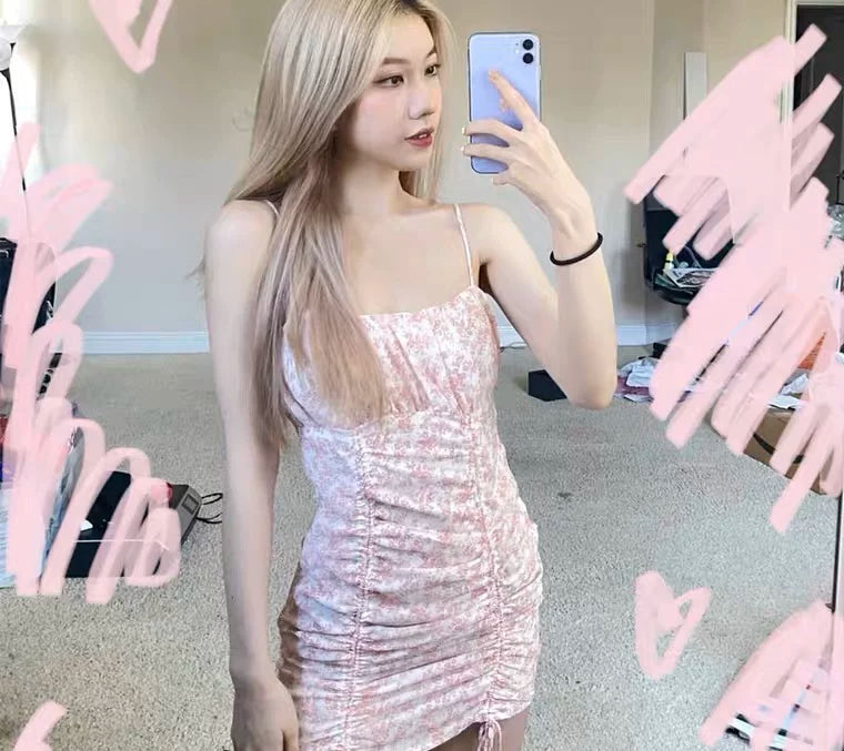 Princess Polly European and American spicy girl pleated pink floral suspender tight fitting hip hugging drawstring dress