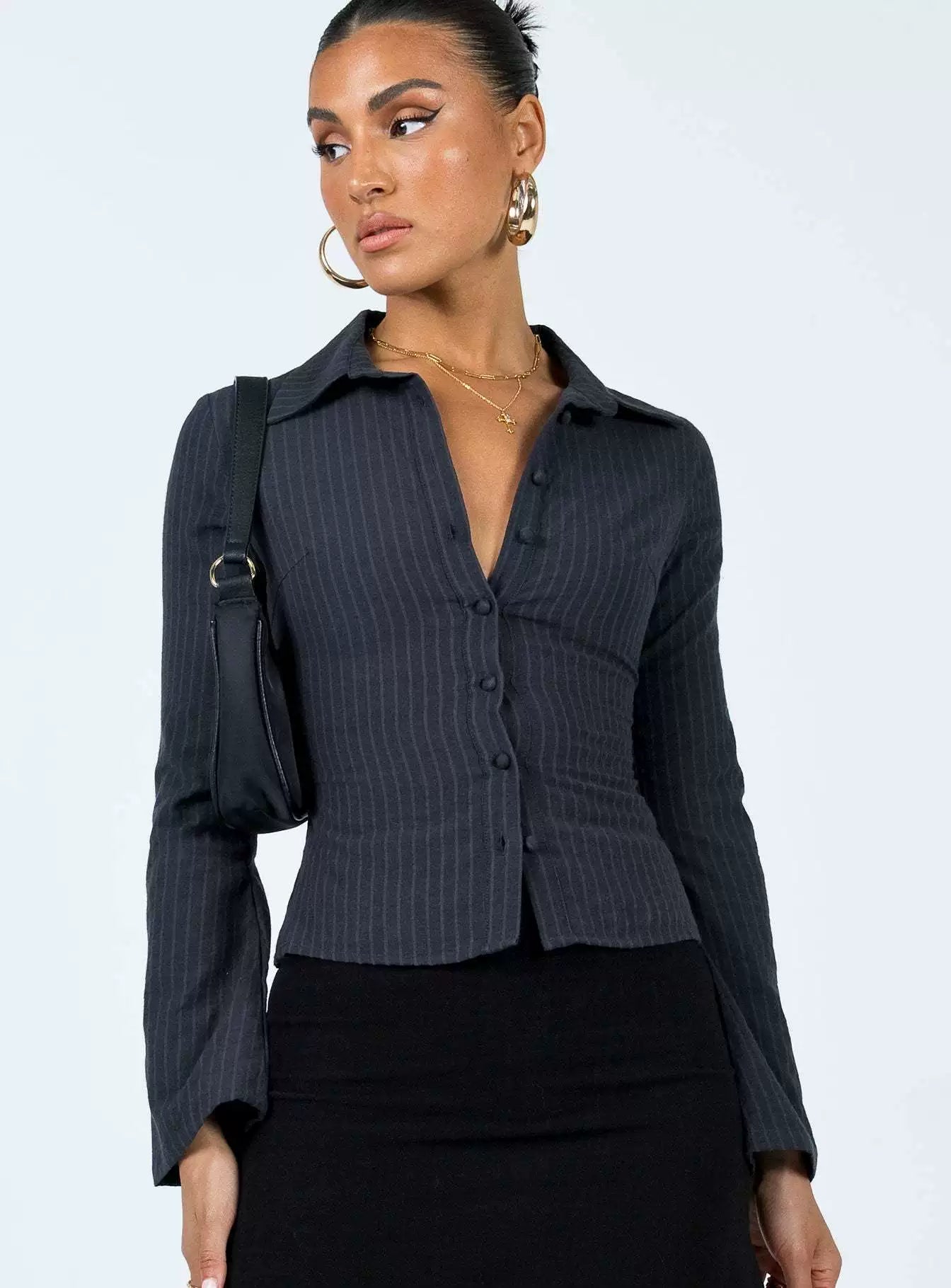 PRINCESS POLLY Fresh and Stylish Girl's Collar Striped Slimming Long Sleeve Shirt for Women