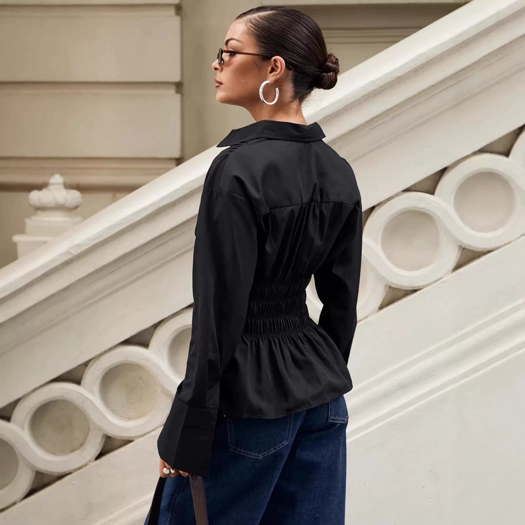 Princess Polly single breasted elastic pleated elastic black solid color V-neck temperament long sleeved shirt