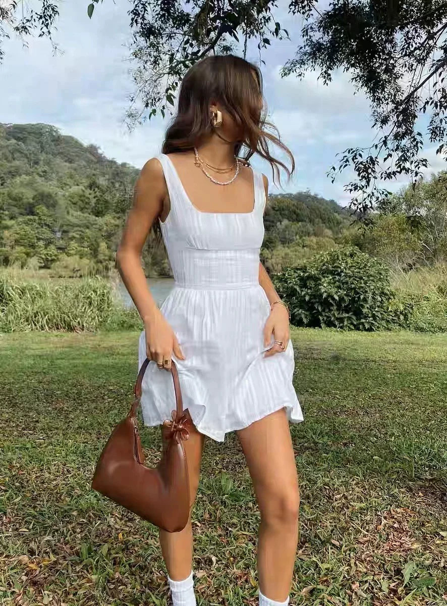 Princess Polly European Hot Girl White Retro Pure Cotton Texture Waist Mini Square Neck Dress
