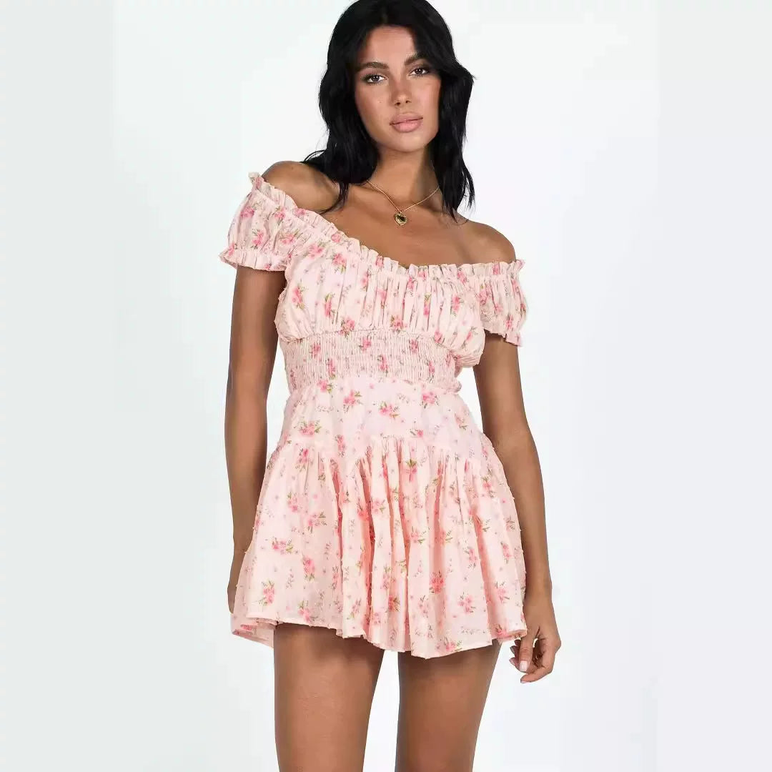 Princess Polly Pink Sweet Printed Lace Edge Off Shoulder One Piece Collar Wooden Earfold jumpsuit