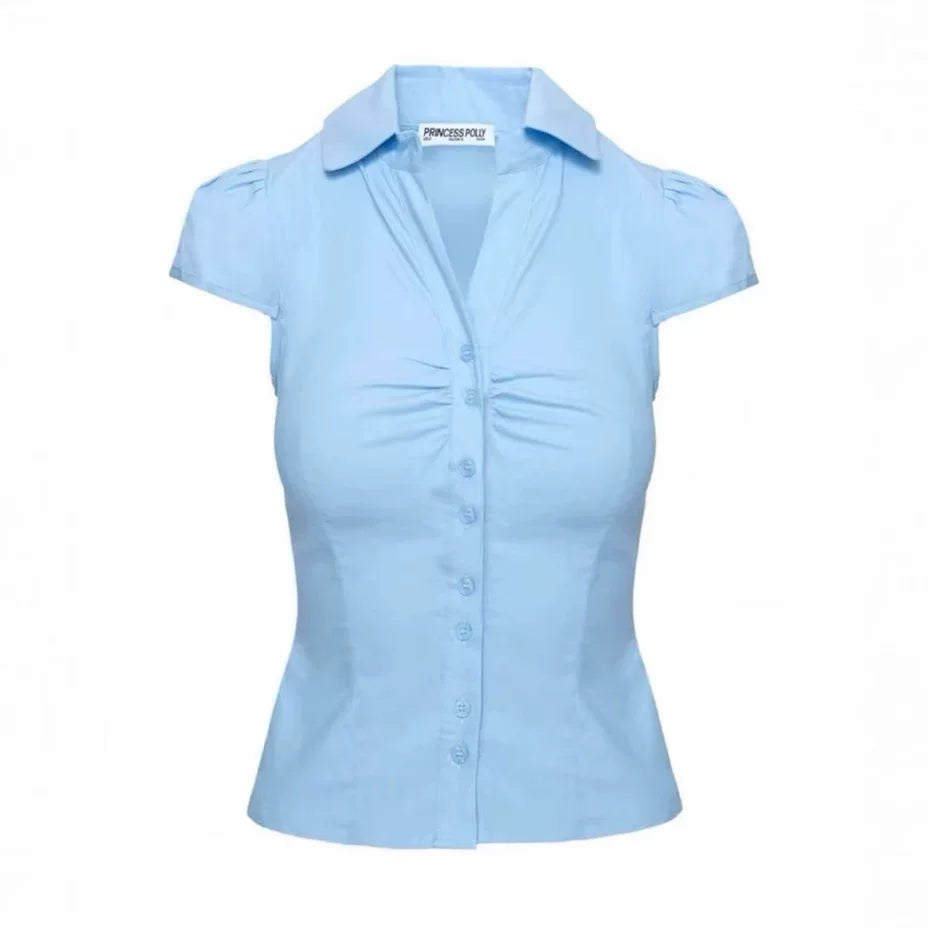 Princess Polly 25 Spring/Summer American Hot Girl Fold Waist Solid Color Comfortable Cotton Short sleeved Shirt Top