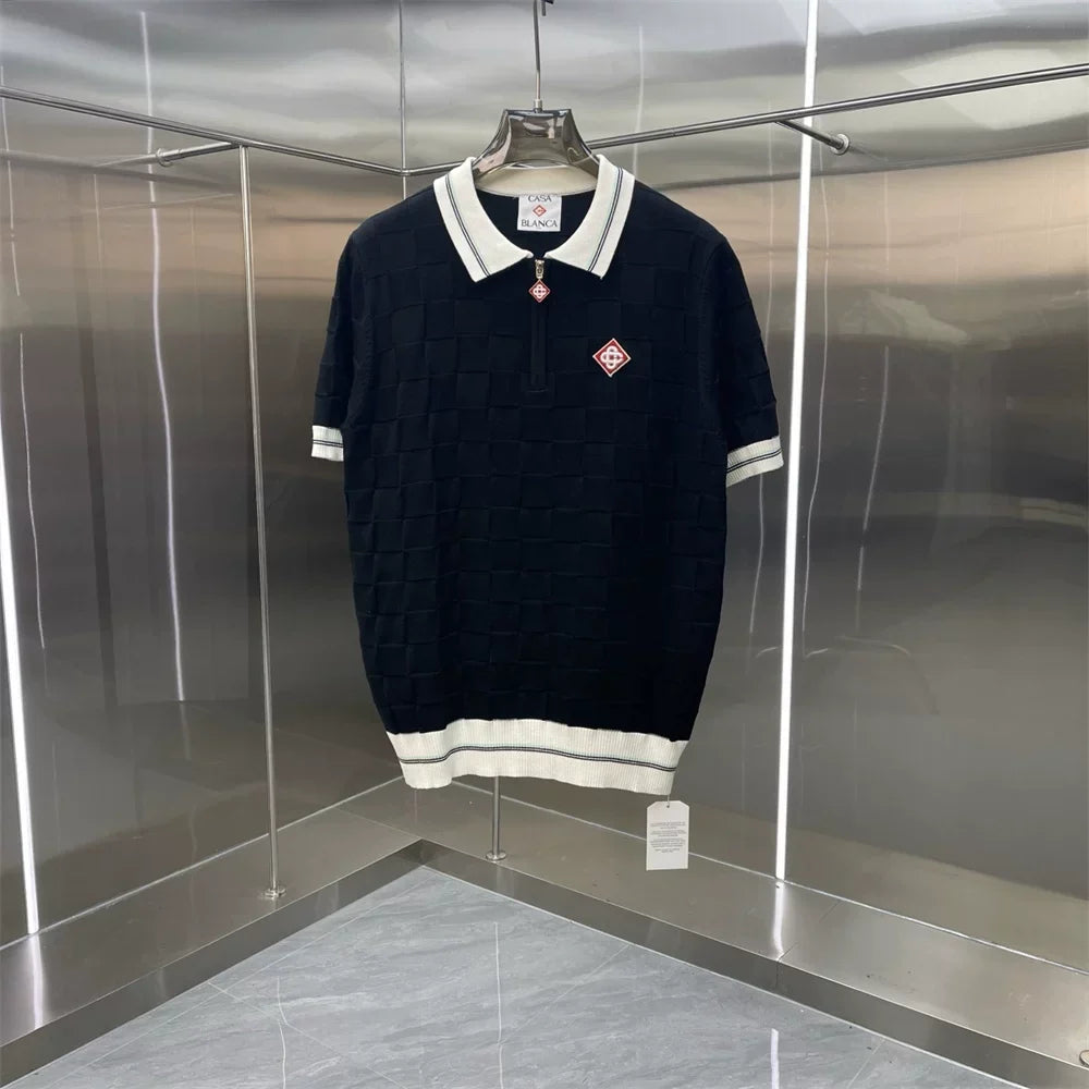 Casablanca Solid Knit Polo Shirt - Navy / White
