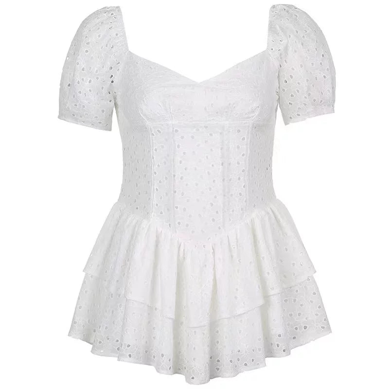 Princess Polly French gentle style white bubble sleeve dress with female design sense, niche waist cinching skirt