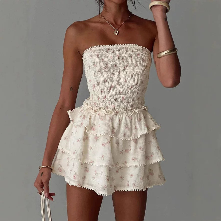 Princess Polly's new design is a pleated waist cinching multi-layer ruffle edge strapless dress for women