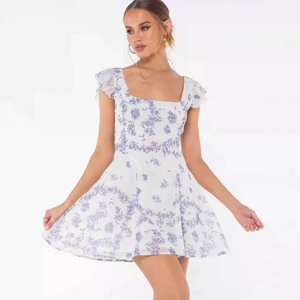 Princess Polly's fashionable new ruffled French blue floral square neck non stretch mini dress
