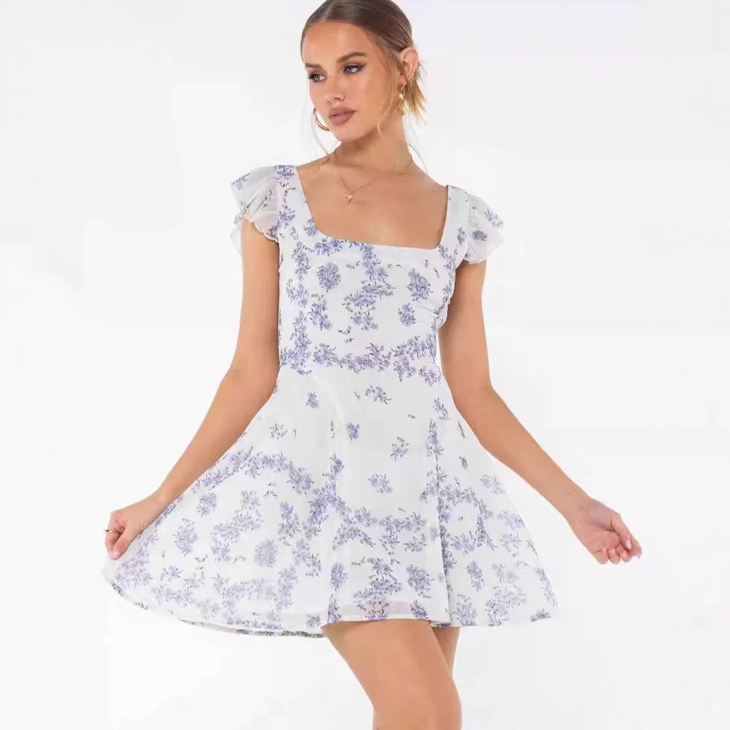 Princess Polly's fashionable new ruffled French blue floral square neck non stretch mini dress