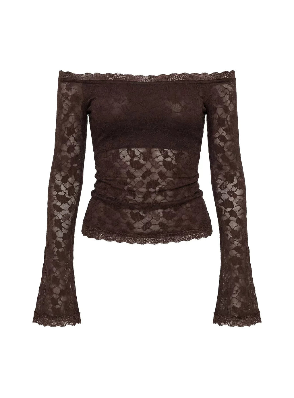 Princess Polly Brown One Shoulder Trumpet Sleeves Lace T-shirt with Slimming Denim Pants