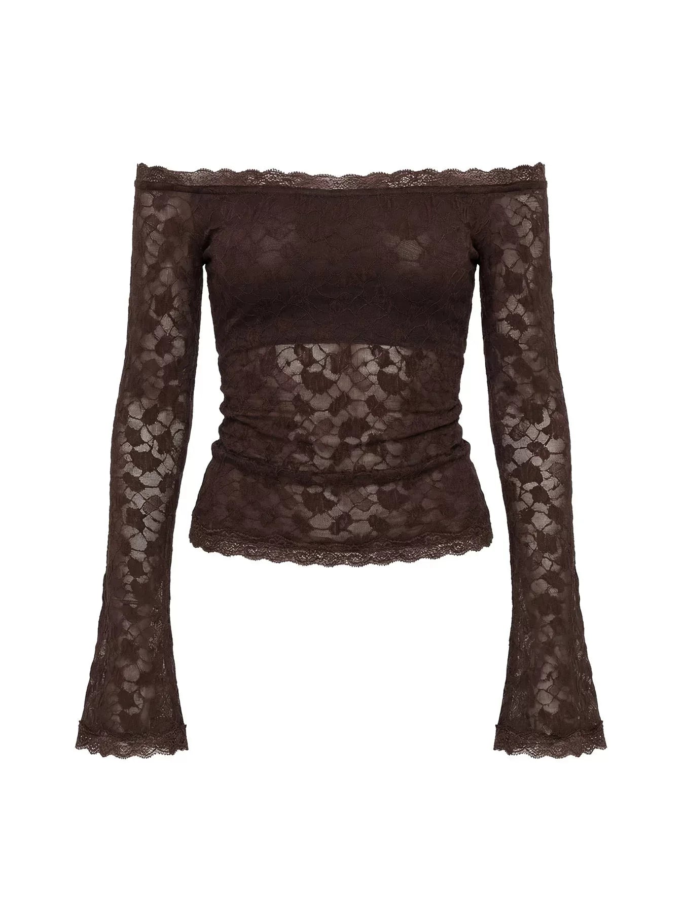 Princess Polly Brown One Shoulder Trumpet Sleeves Lace T-shirt with Slimming Denim Pants