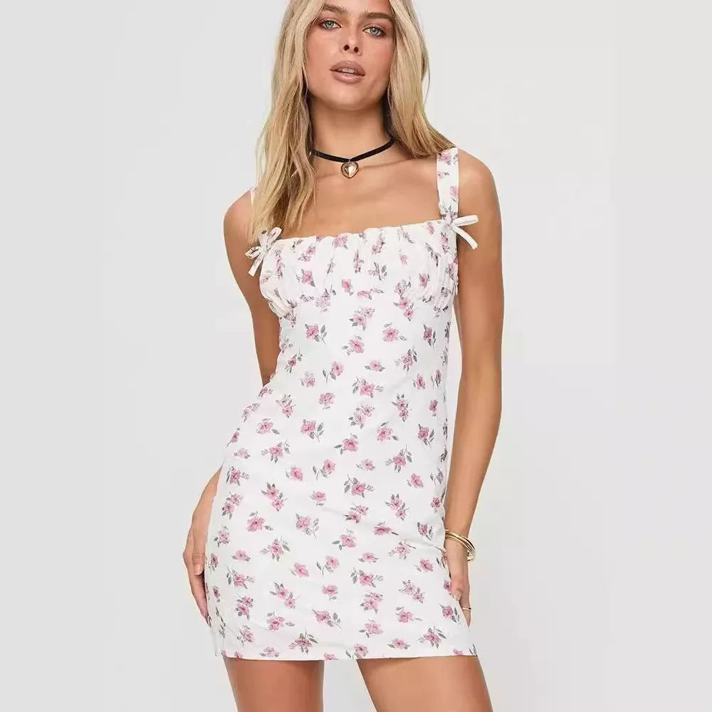 Princess Polly floral chest pleated square neck bow strap suspender short skirt French sweet dress
