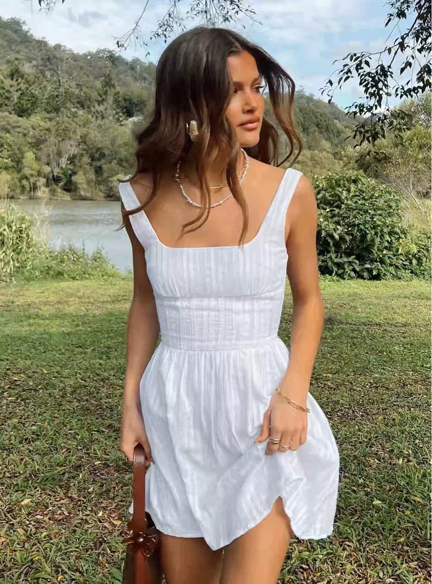 Princess Polly European Hot Girl White Retro Pure Cotton Texture Waist Mini Square Neck Dress