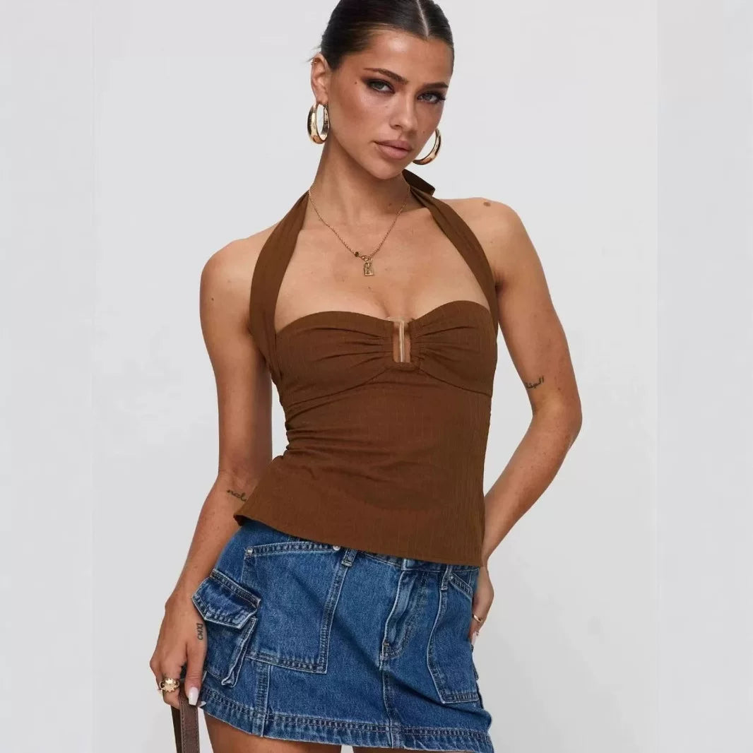 Princess Polly Jasmine Sauce Retro American Strap Hanging Neck Sleeveless Pink Strap Top Slimming Top