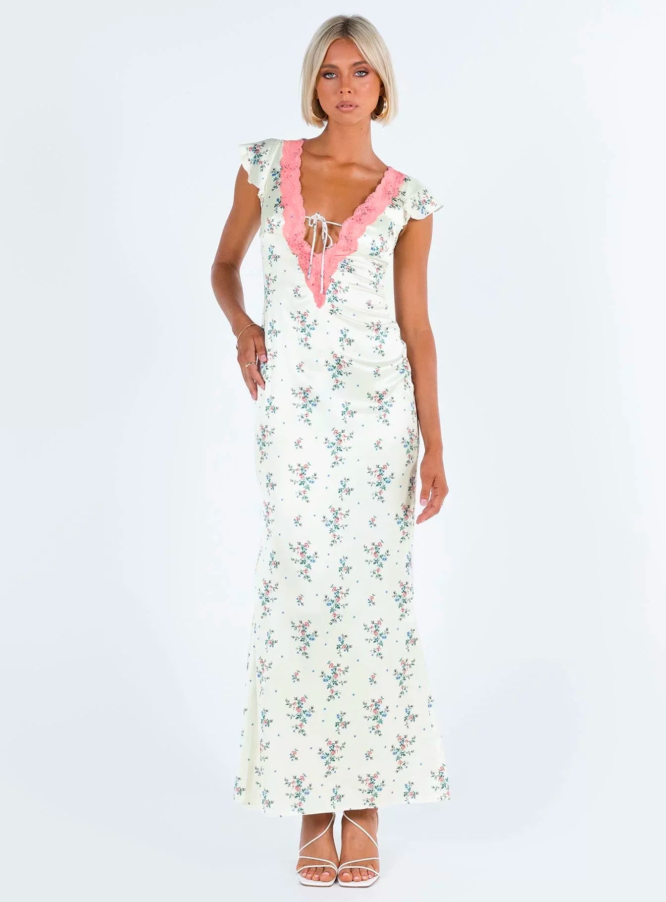 Princess Polly Vacation Wind Shattered Flower Bud Silk Edge Soft Light Satin Angel Wing Long Dress