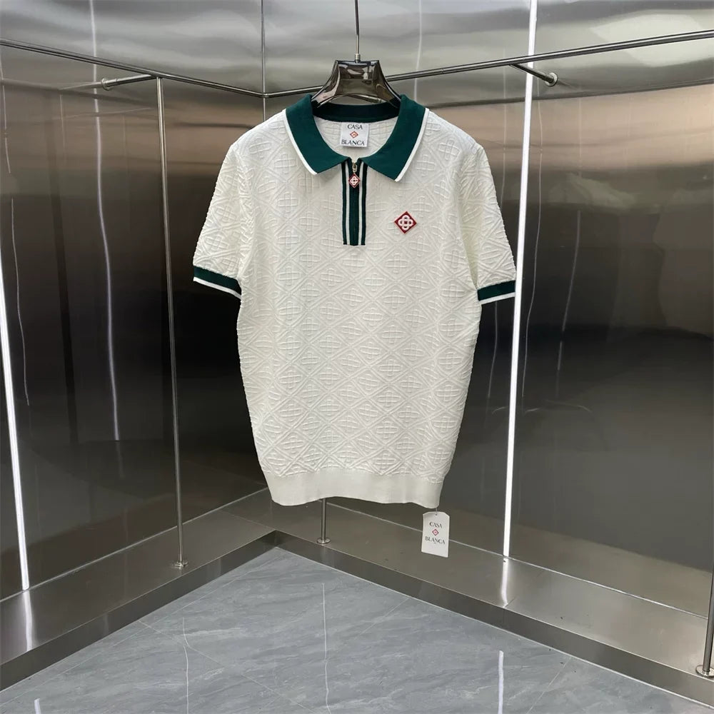 Casablanca Contrast Dark Green Collar Knit Polo Shirt - Off-White