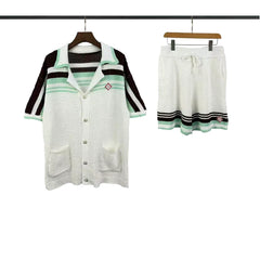 Casablanca Stripe & Shoulder Panel Knit Set - White / Black / Mint