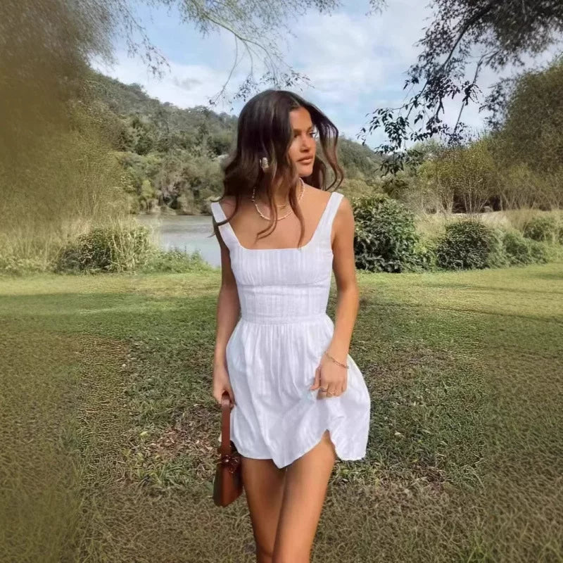 Princess Polly European spicy girl white retro texture waist cinching mini square neck dress