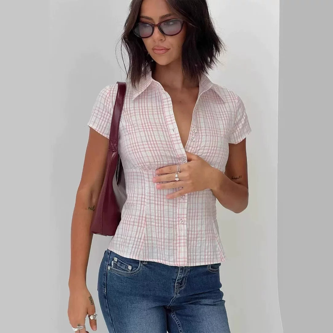 Princess Polly 25 Spring/Summer plaid chest pleated waist cinched short sleeved shirt top for women
