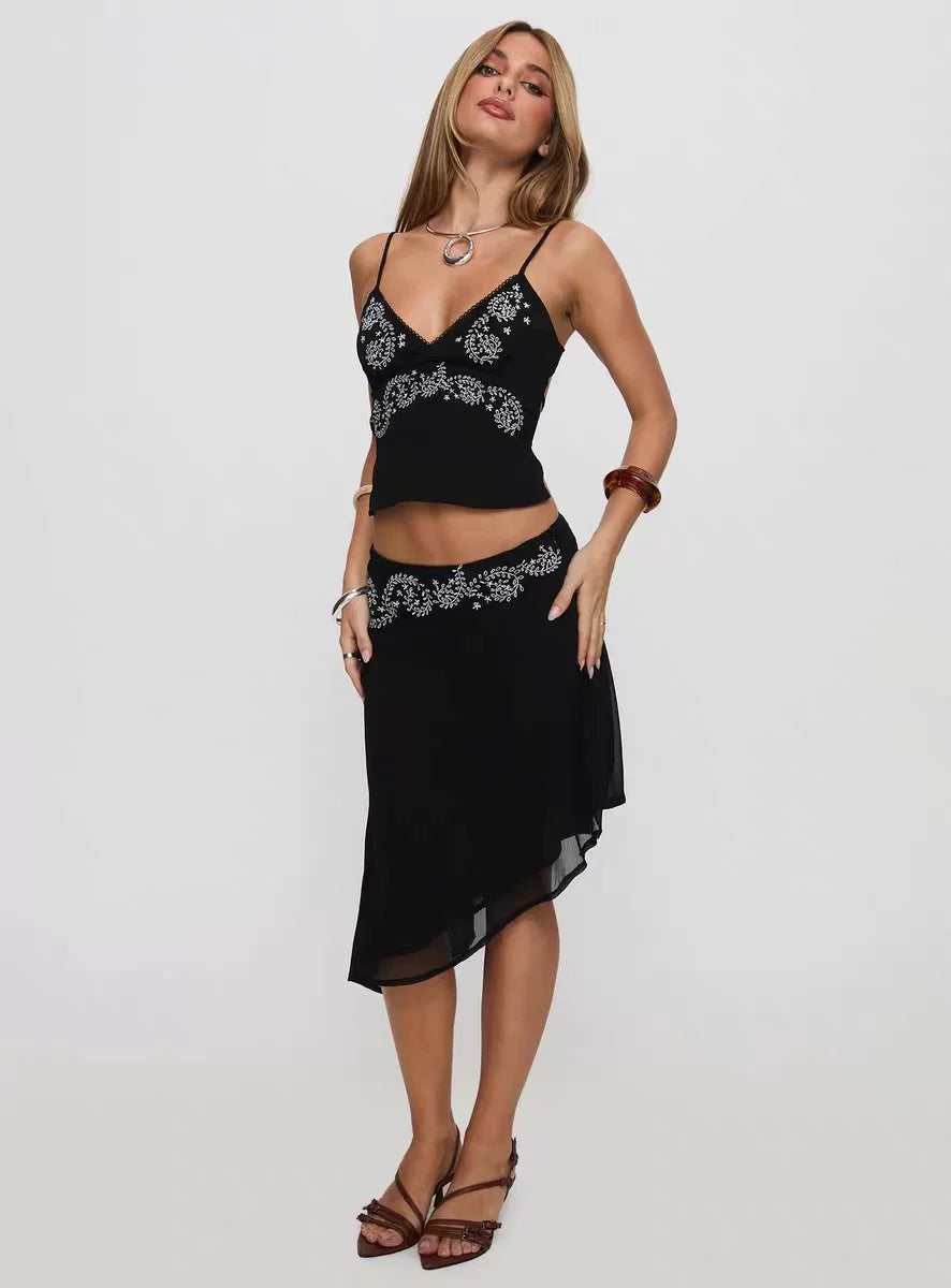 Princess Polly embroidered camisole dress, women's backless short skirt, vacation style, petite summer suit skirt