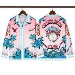 Casablanca Club Feather & Palm Silk-Style Shirt - Pink / Blue